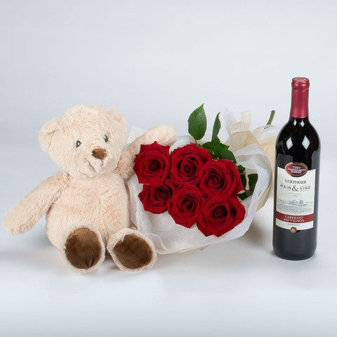 Cabernet Wine Valentines Teddy Roses