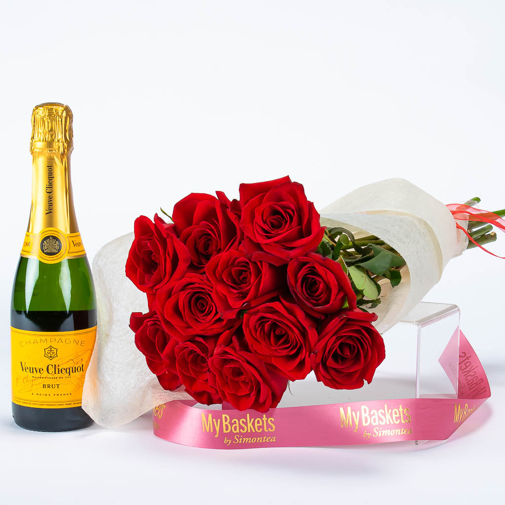 Veuve Champagne With Dozen Roses Gift