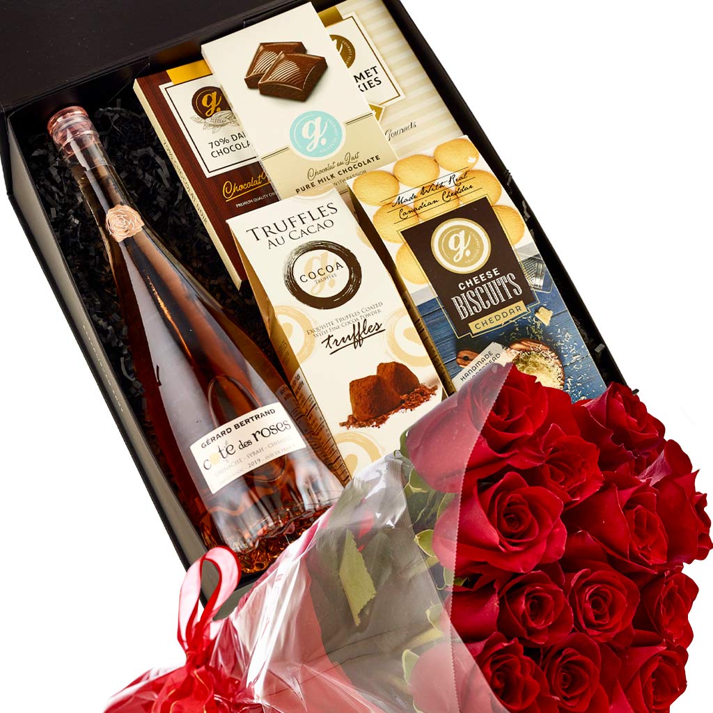 Cote Des Roses Luxury Wine Gift Box and Rose Bouquet