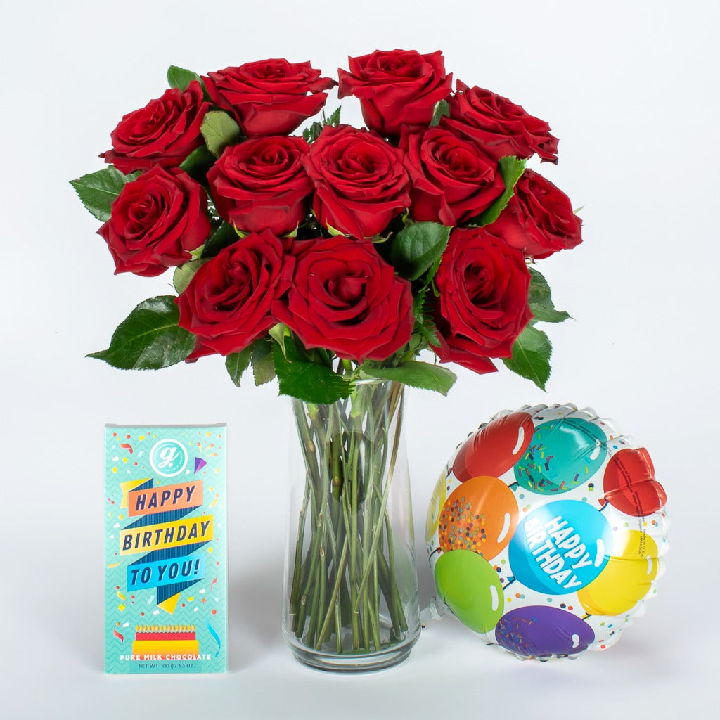 A Dozend Red Roses In Vase With Balloon