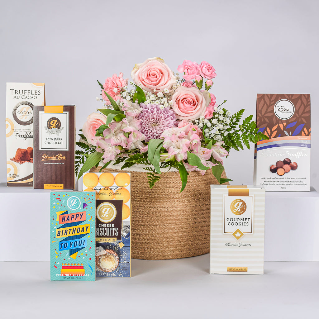 Floral Arrangement For Birthday With Chocolate Truffles, Shortbread Cookies, Dark Chocolate And Cheddar Biscuits