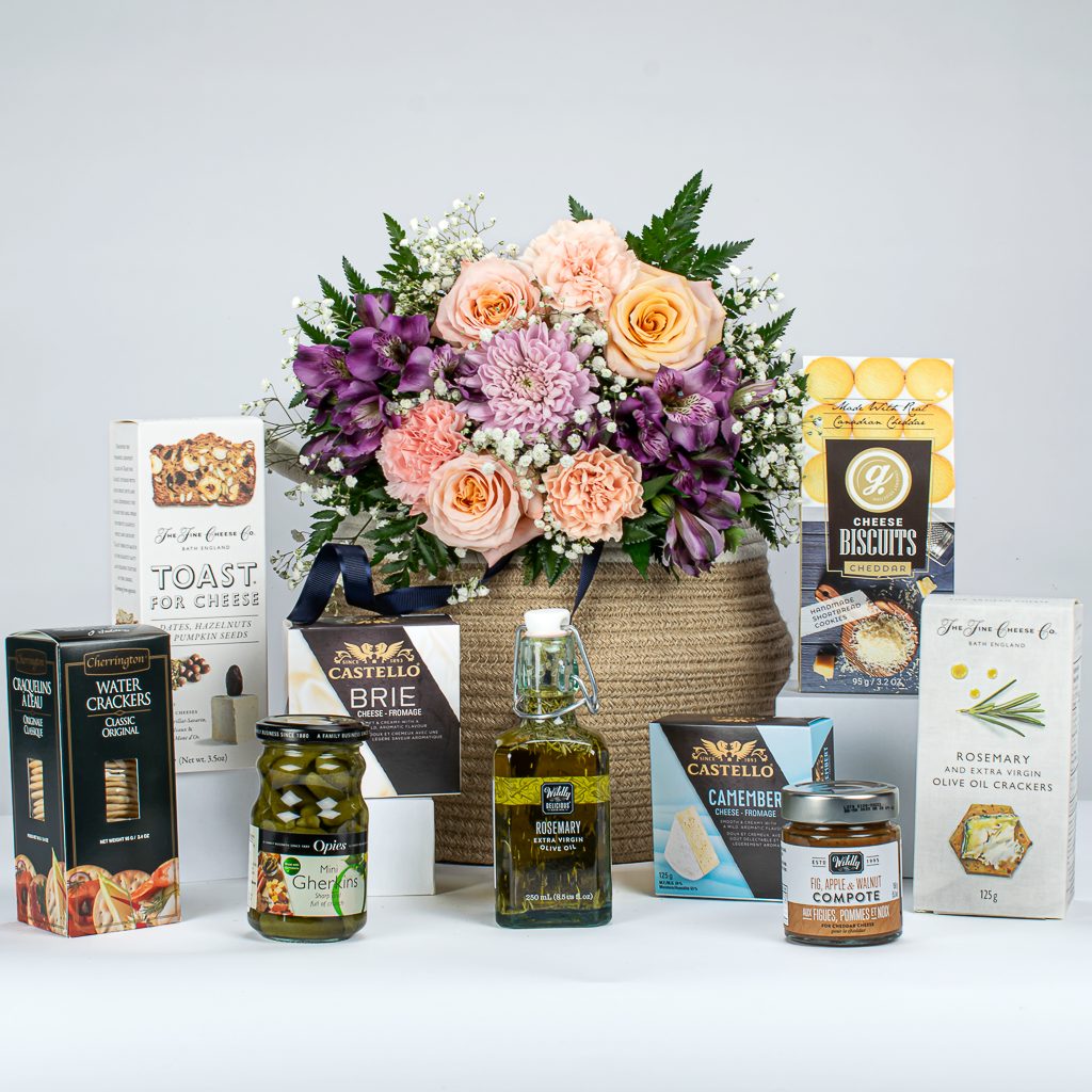 Gourmet Items With Flower Bouquet