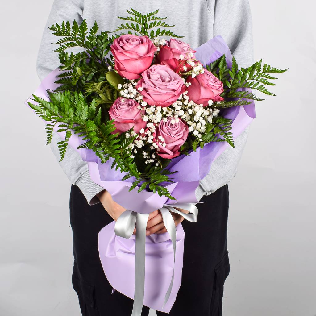Beautifully Arranged 6 Lavender Roses With Greenery Wrappe dIn Purple Korean Style Paper