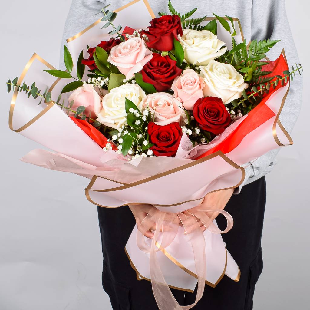 Large Bouquet Of Red, Pink And White 12 Roses Wrapped In Premium Korean Paper