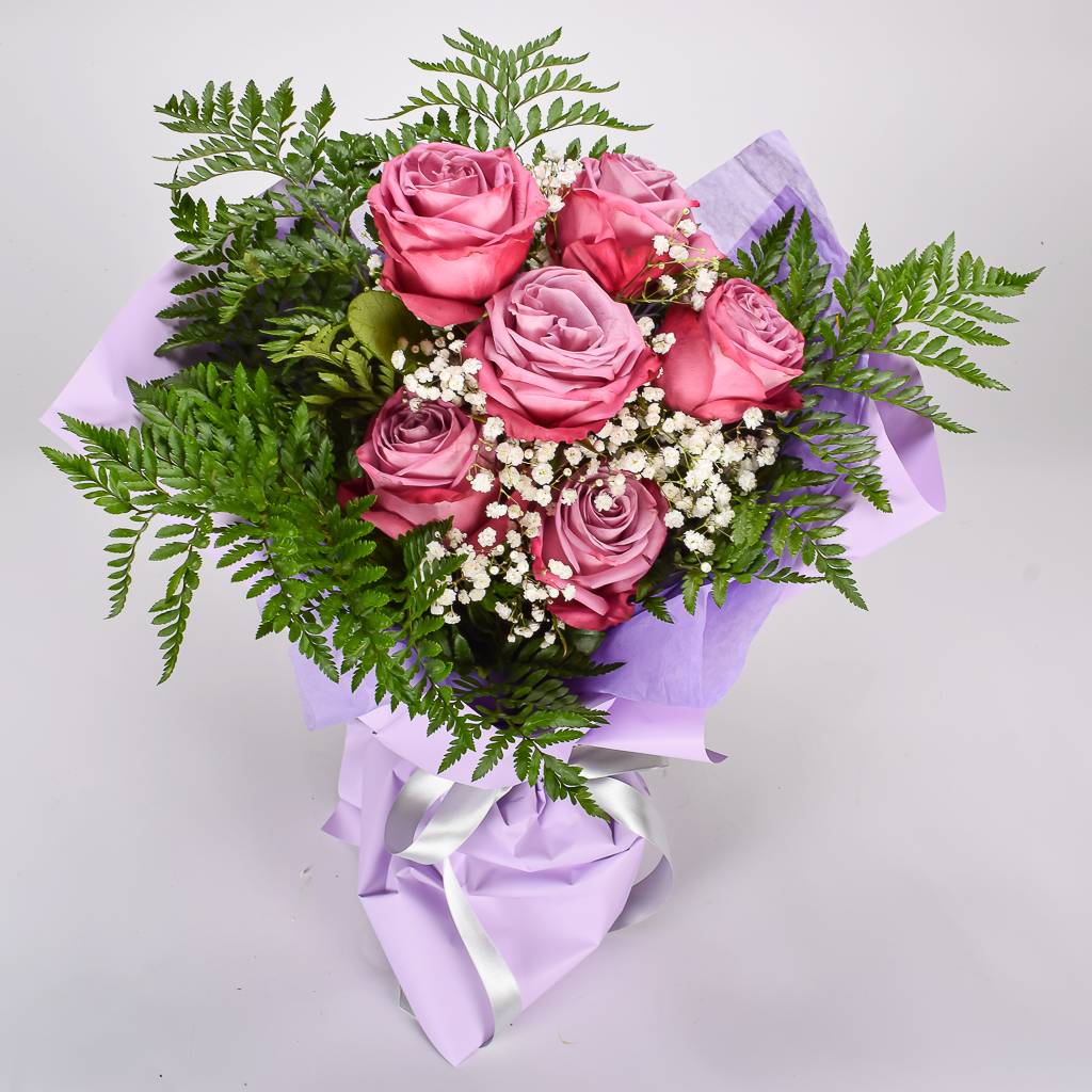 Beautifully Arranged 6 Lavender Roses With Greenery Wrappe dIn Purple Korean Style Paper