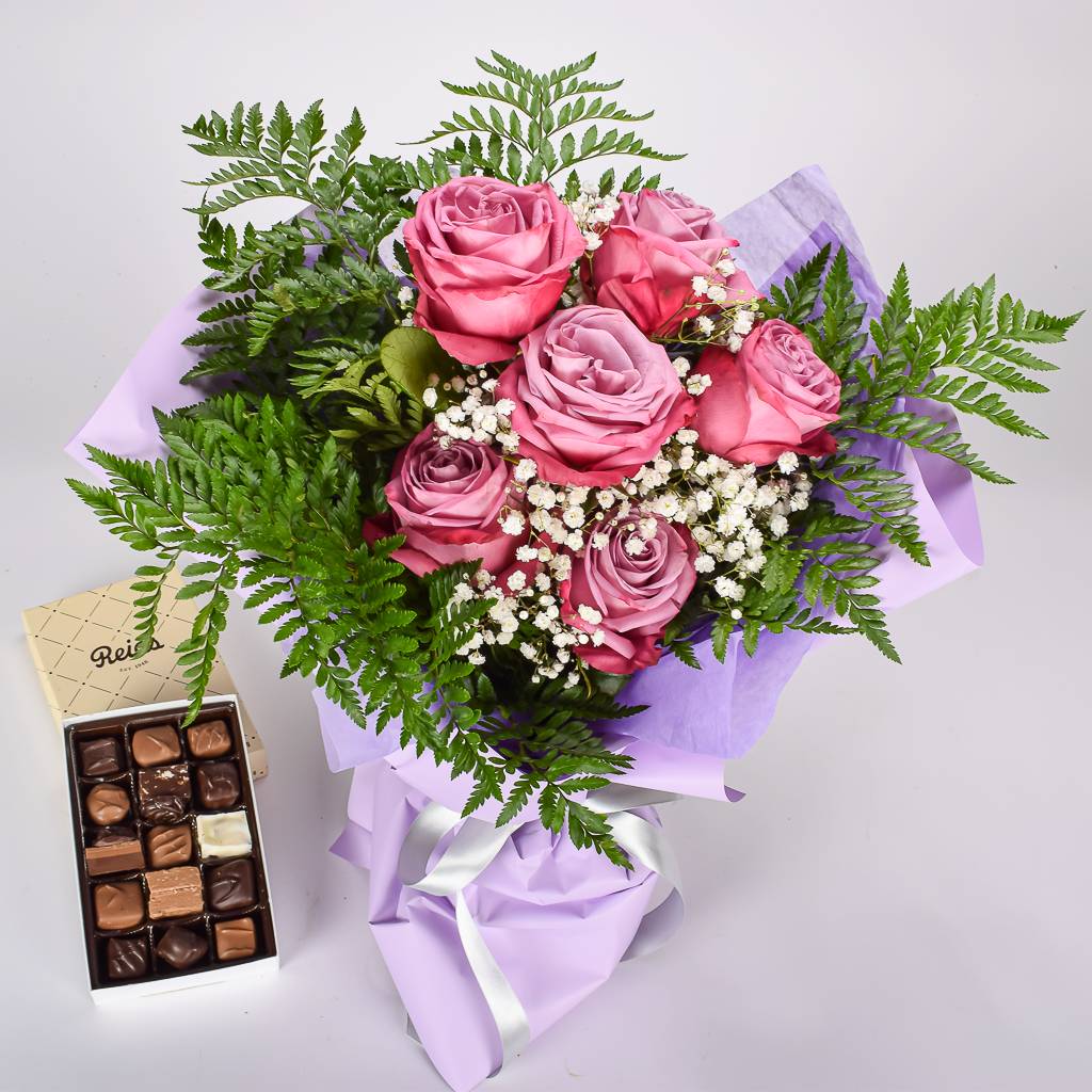 Milk, Dark, And White Chocolate Box With 6 Fresh Lavender Rose Wrapped In Premium Korean Style Floral Paper