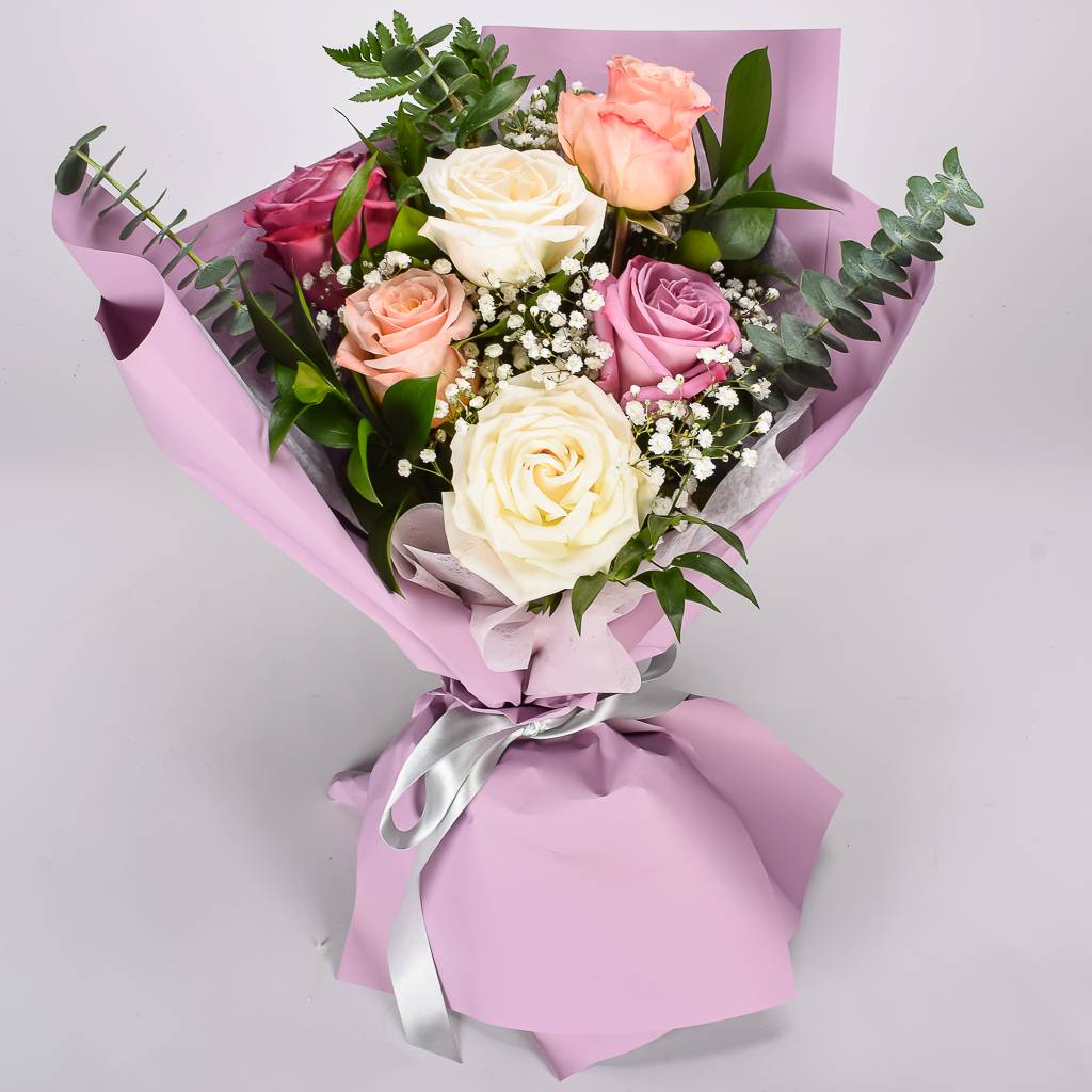 Fresh 6 Mixed Roses Wrapped In Purple Korean Floral Paper