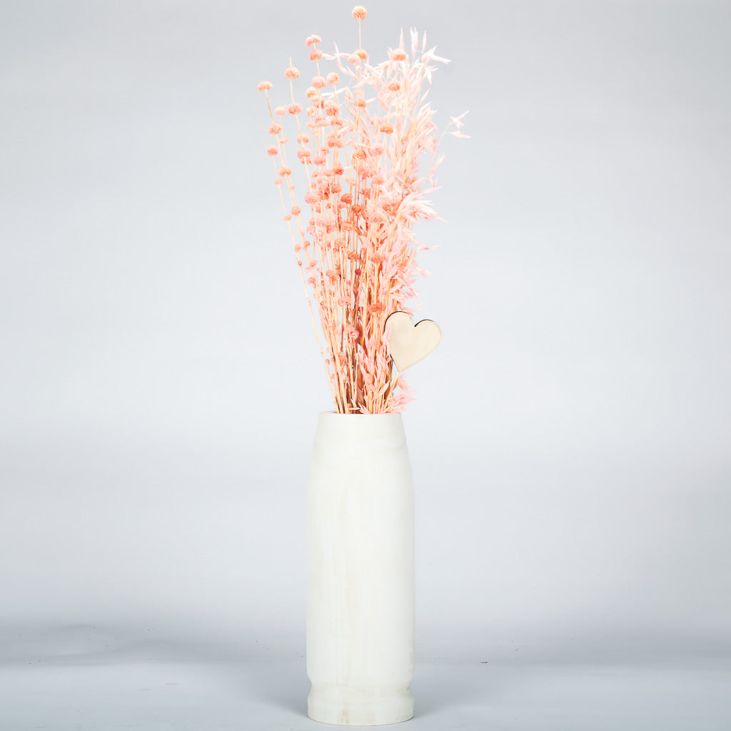 Pink Dried Flower In Vase Wooden Heart