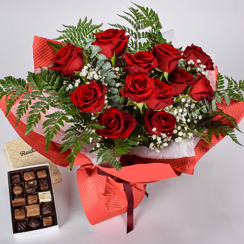 12 Red Roses And A Chocolate Box Gift 