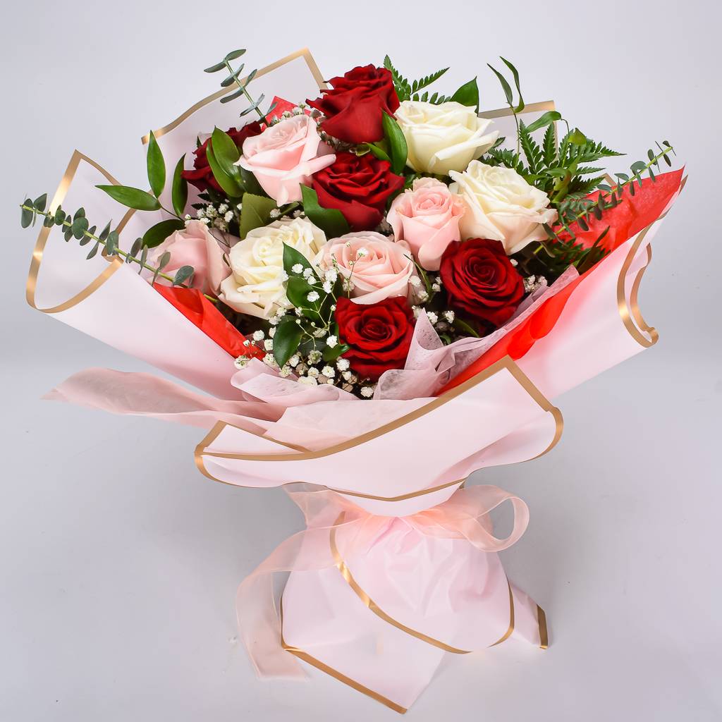 Large Dozen Rose Bouquet With White, Red, And Pink Roses Wrapped In Korean Paper