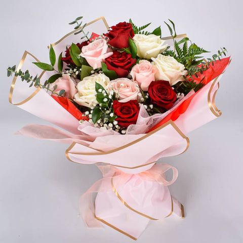 Large Dozen Rose Bouquet With White, Red, And Pink Roses Wrapped In Korean Paper
