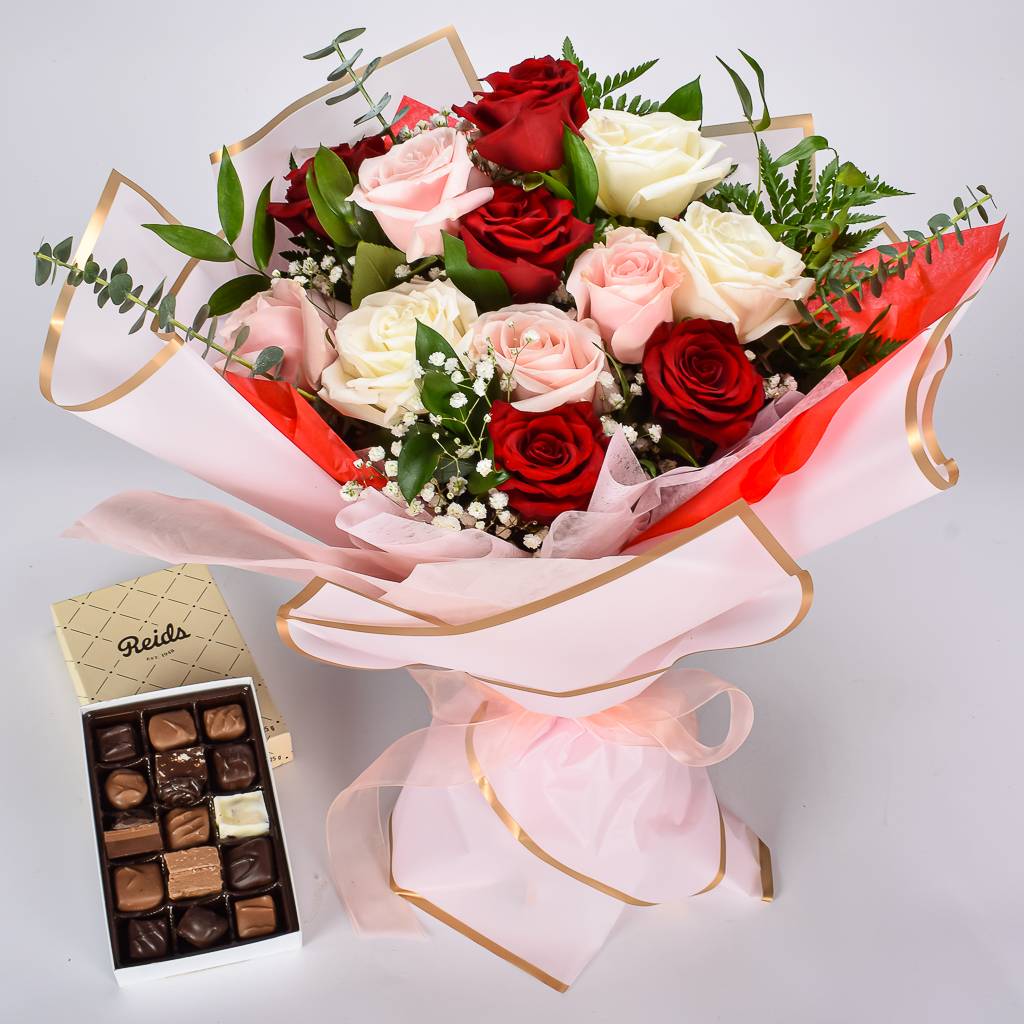 Large Red, White, Pink Rose Arrangement With Assorted Chocolate Box