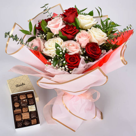 Large Red, White, Pink Rose Arrangement With Assorted Chocolate Box