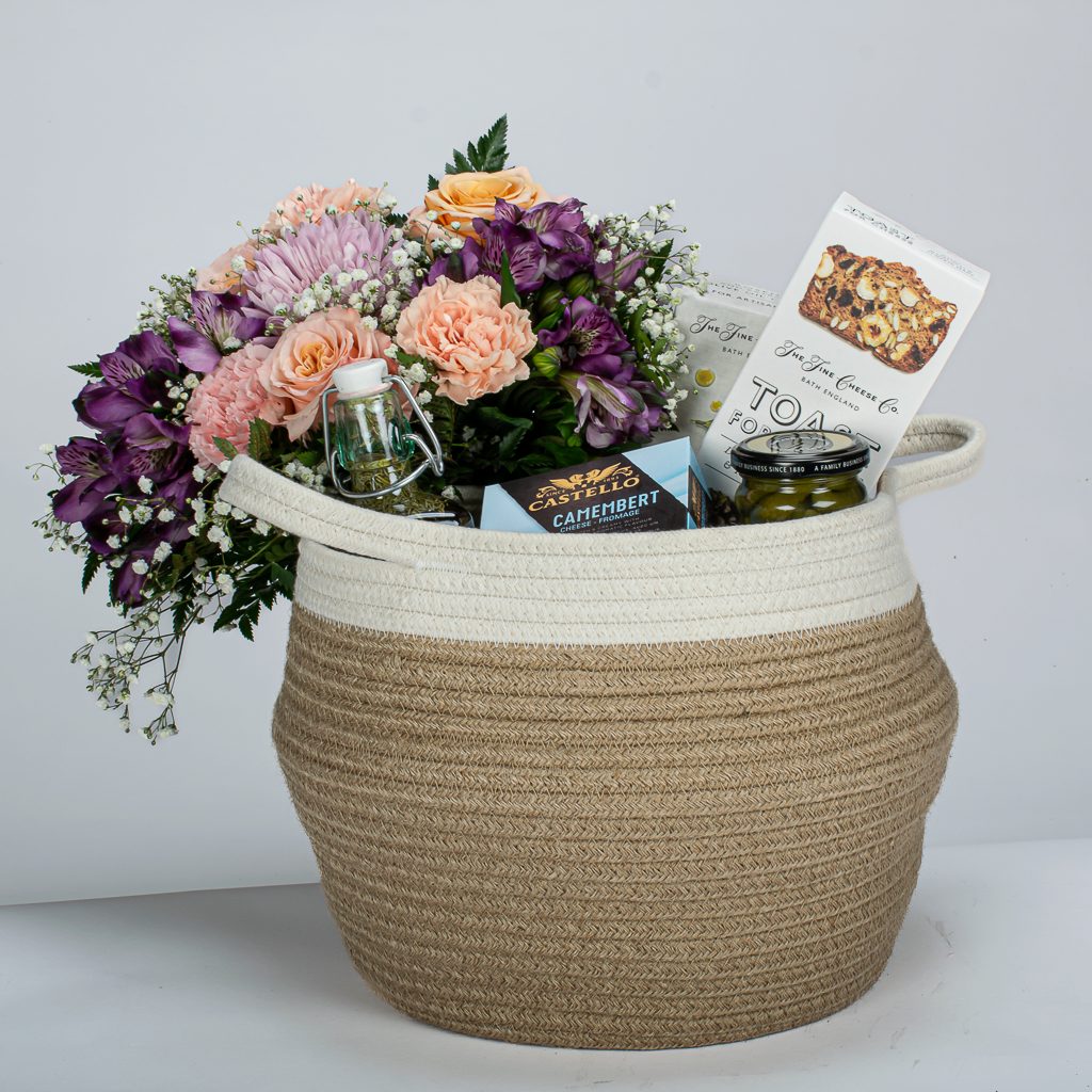 Gourmet Items With Flower Bouquet