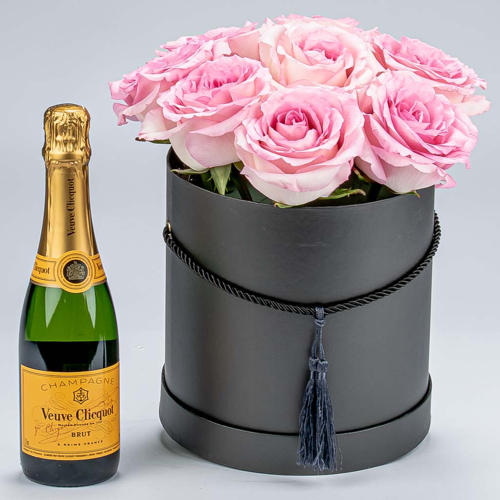 Pink Rose Centerpiece and Veuve Champagne