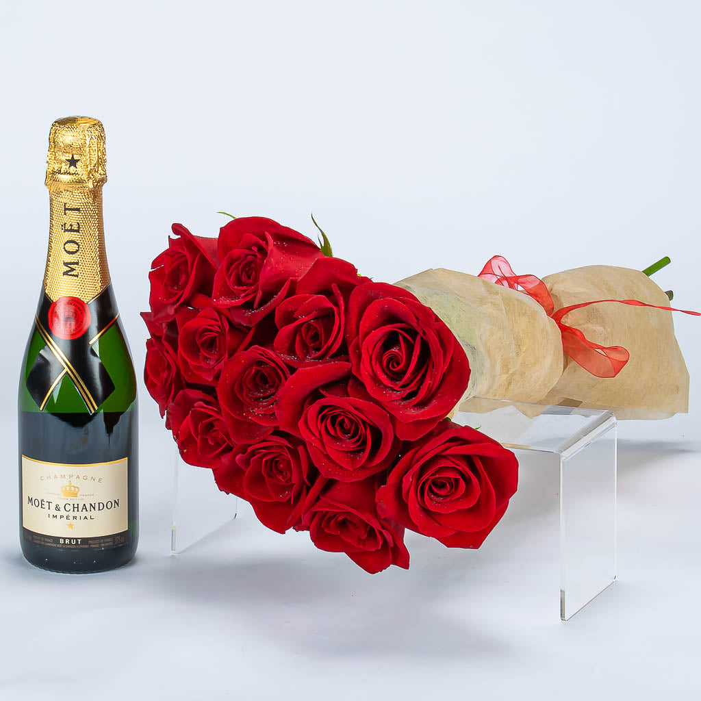 Dozen Red Roses and Small Moet Champagne
