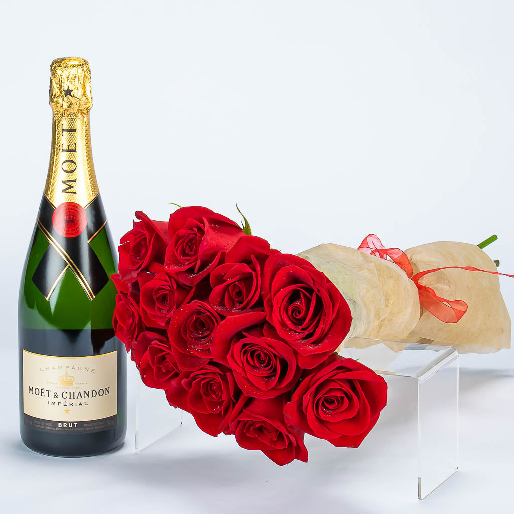 Dozen Roses and Large Moet Champagne