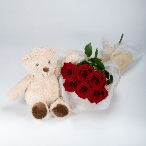6 Red Roses with Teddy Bear - MY FLOWERS 6 Red Roses with Teddy Bear - MY FLOWERS