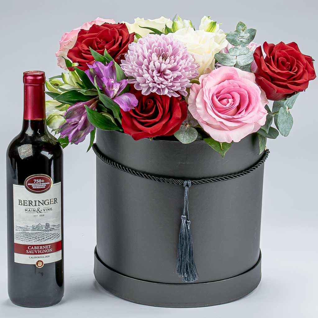 Wine and Mixed Luxury Flower Box Gift