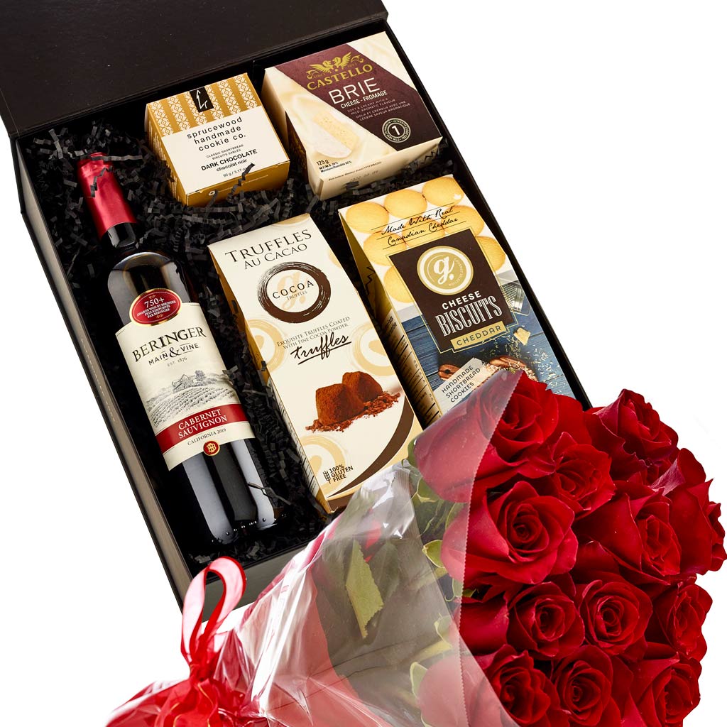 Rose Bouquet with Beringer Wine and Cheese Gift