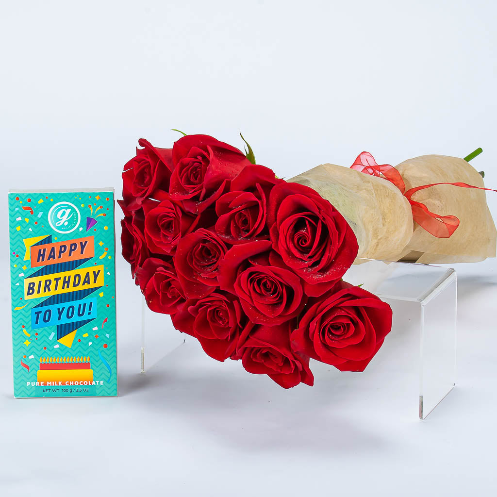 One Dozen Red Roses and Birthday Chocolate