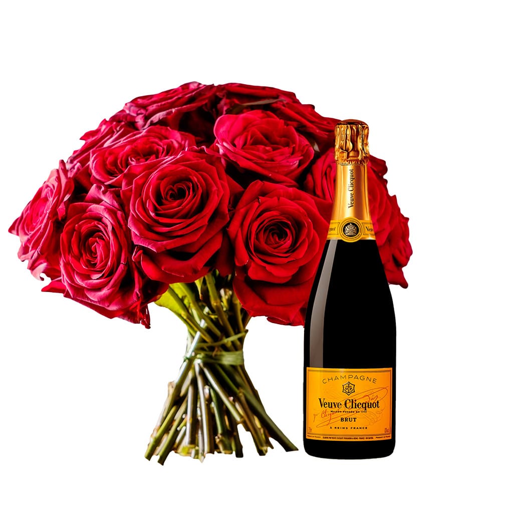 Luxury Gift of Red Roses Box and Veuve Clicquot Champagne