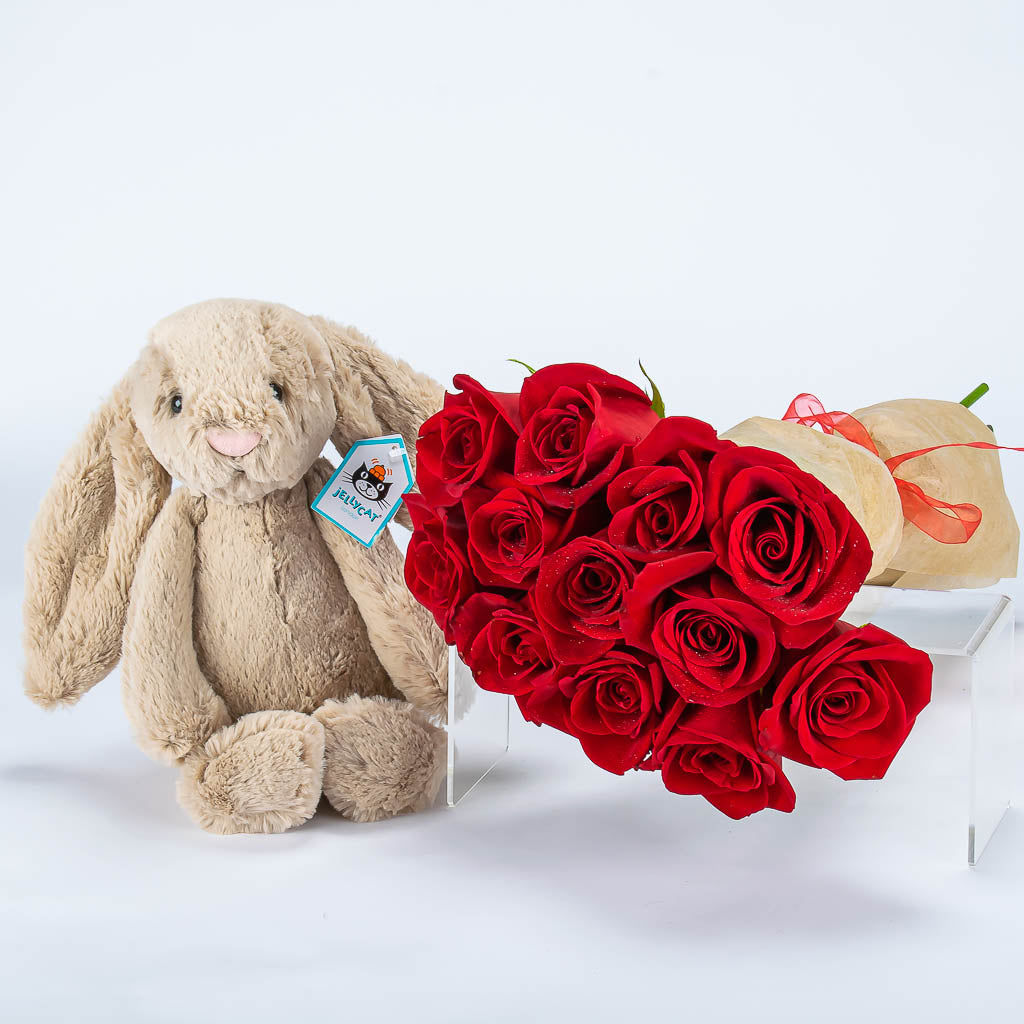 Dozen Roses & Birthday Plush