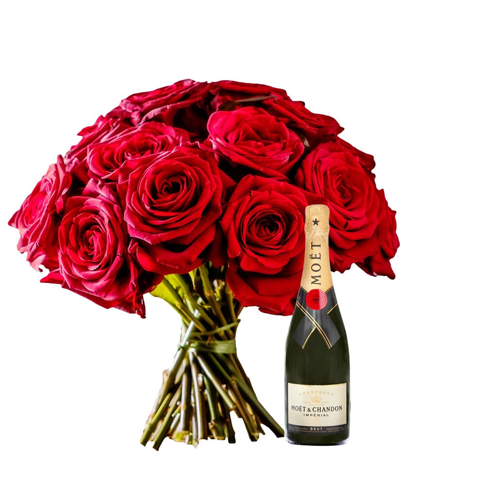 Dozen Red Roses and Small Moet Champagne