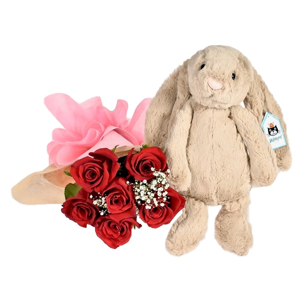 Red Roses Plush 6 Red Roses with Jellycat Plush - MY FLOWERS