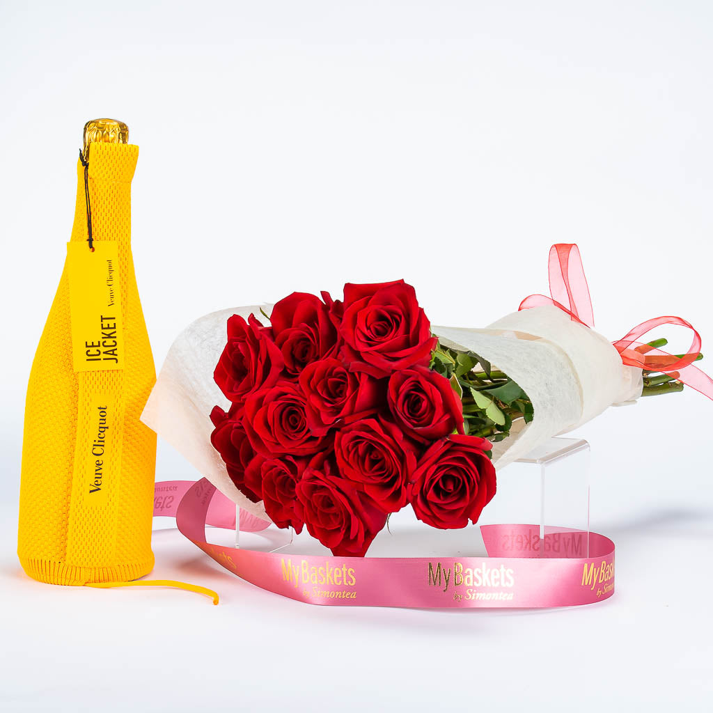 Luxury Gift of Red Roses Box and Veuve Clicquot Champagne