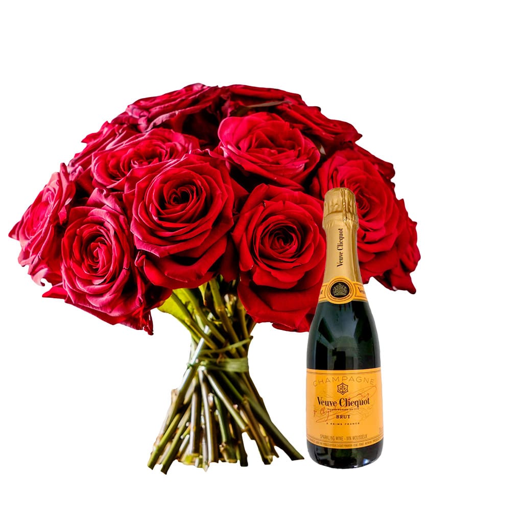 Dozen Red Roses With Small Veuve 