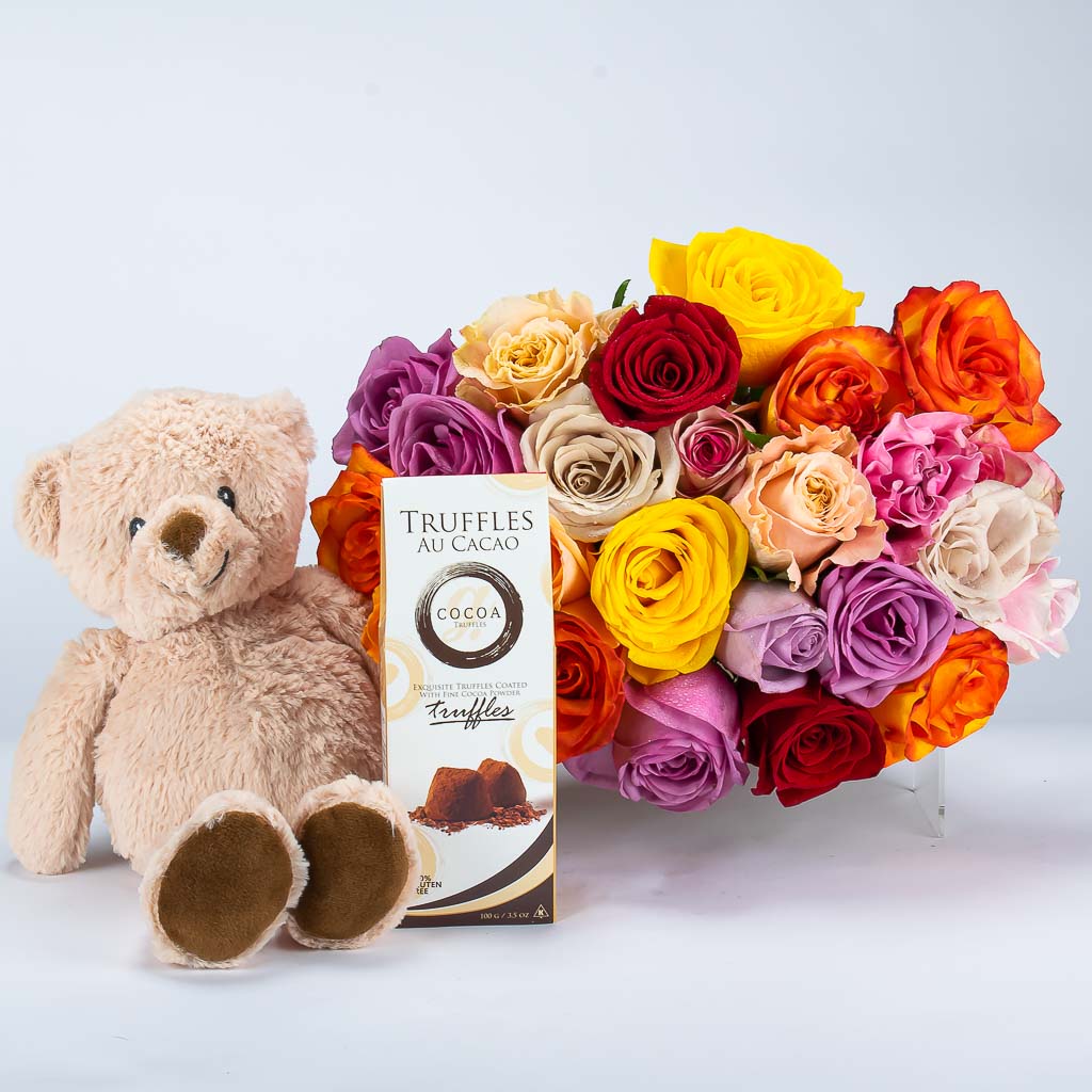 24 Mixed Roses, Teddy Bear and Truffles