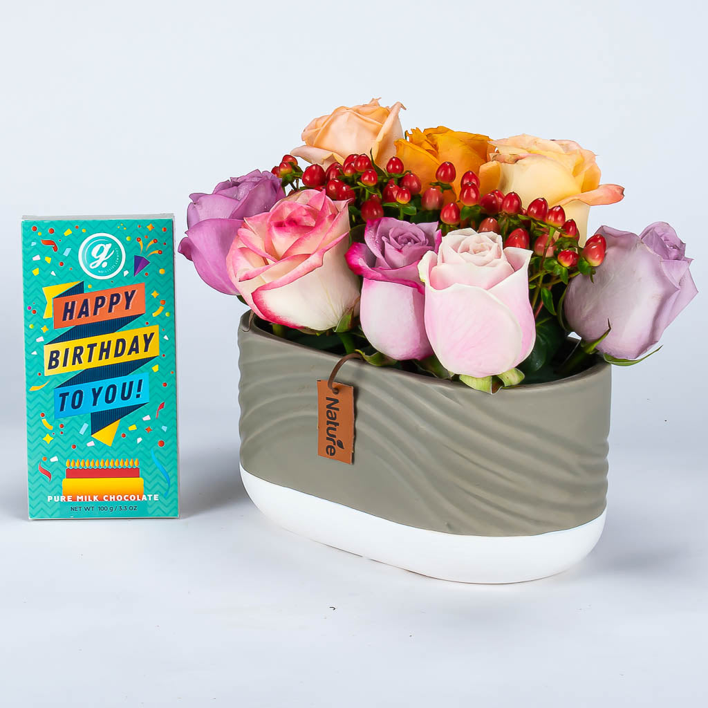 Bday Chocolate and Mixed Colour Rose Centerpiece