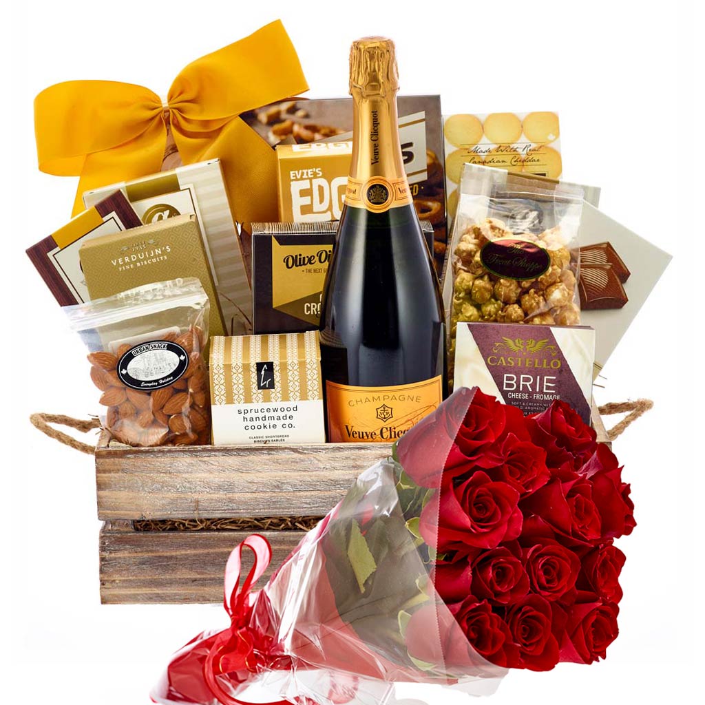 Veuve Champagne and Roses Gift Crate