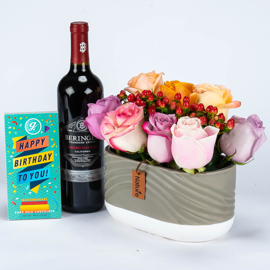 Birthday Chocolate With Premium Wine and Roses