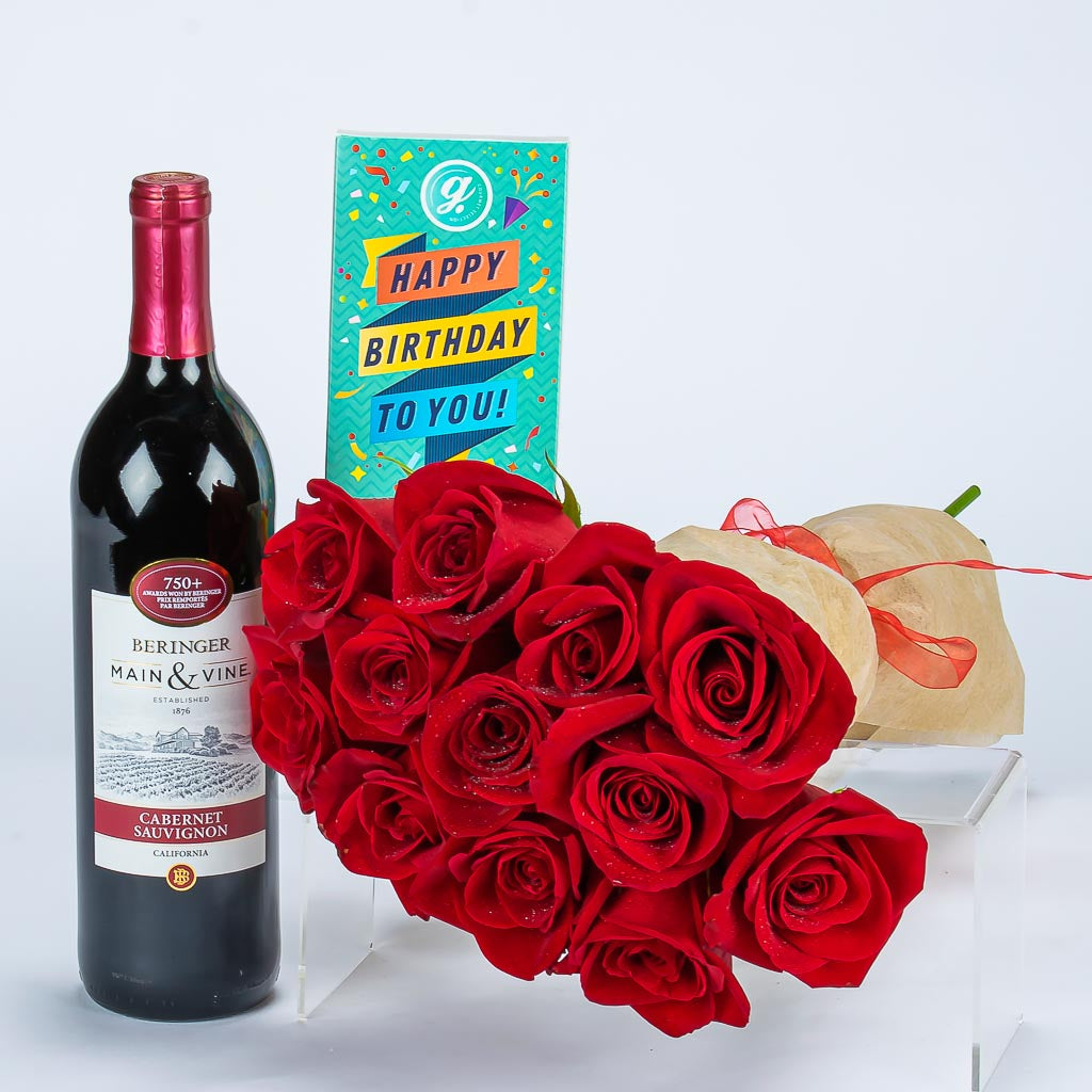 Birthday Wine With Chocolates and Dozen Roses